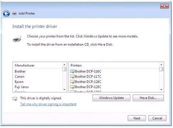 5. On the Install the printer driver page, select the printer manufacturer and model, and then click Next.