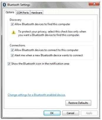 3. Select Allow Bluetooth Devices to Find This Computer, and then click OK. 4.
