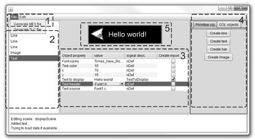 of the external application used for configuring display scene is illustrated in Fig. 7. Fig. 7 Overview of display scene layout editor Functions of different areas labeled in Fig.