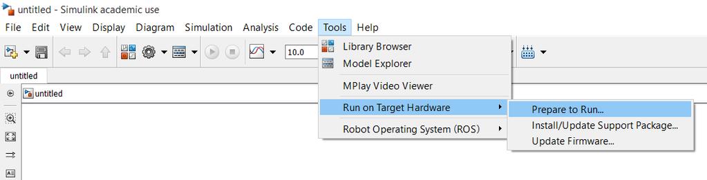 PoliArd Library Simulink Target Hardware To implement the control logics on the PoliArd Board, you need to setup any Simulink model: go to Tools menu, Run on Target Hardware and Prepare to Run From