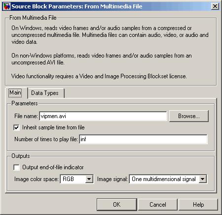 Working with Multimedia Files The From Multimedia File block inherits its sample time from vipmen.avi. Forvideosignals,thesampletimeisequivalenttotheframeperiod.