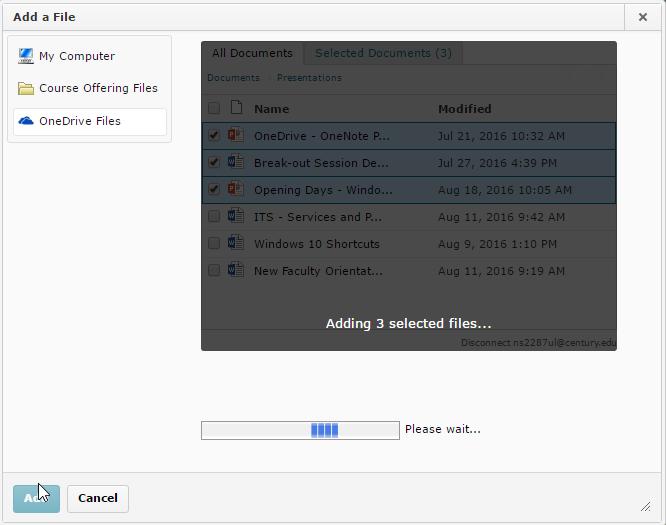 Locate the file(s) you want to upload and then click the Add button.