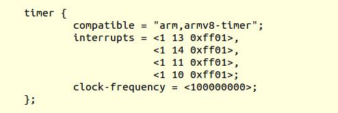 Linux Device Tree for A53 Generic Timer: also called Architected Timer Tells Linux the frequency of the timer, 100 MHz in this case.