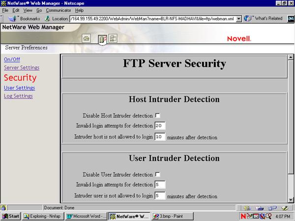 Configuring Security Settings 1 In the Server Preferences menu, click Security. Figure 4 Security Panel 2 Specify the FTP Server Security settings.