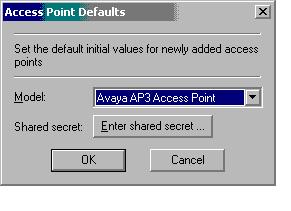 2. Access Point Defaults The Access Point Defaults settings allow configuration of default values for the access point and the secret it shares with Odyssey Server.