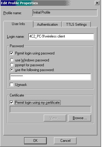 Select tab User Info and enter 4C2_PC-9\wireless client in the Login name field.