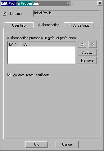 Select tab Authentication and leave EAP/TTLS as its protocol. Check the box Validate server certificate.