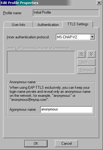 Select tab TTLS Settings and leave all information as its default as shown in