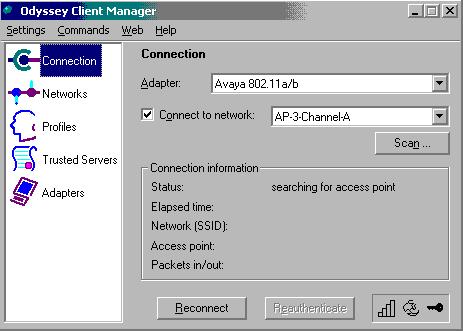 3.5.5. Select the Network to Connect To connect the network, highlight Connection and Select Avaya 802.11a/b from the drop-down list in the Adapter field.