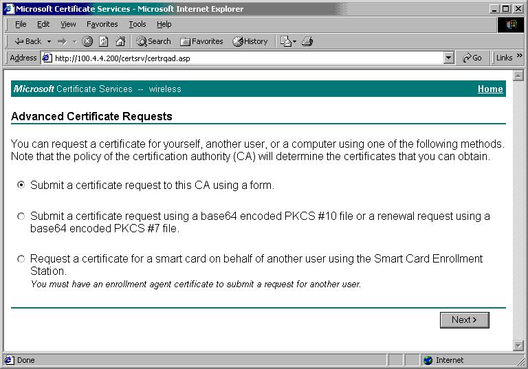 Select Submit a certificate request to this CA using a form.