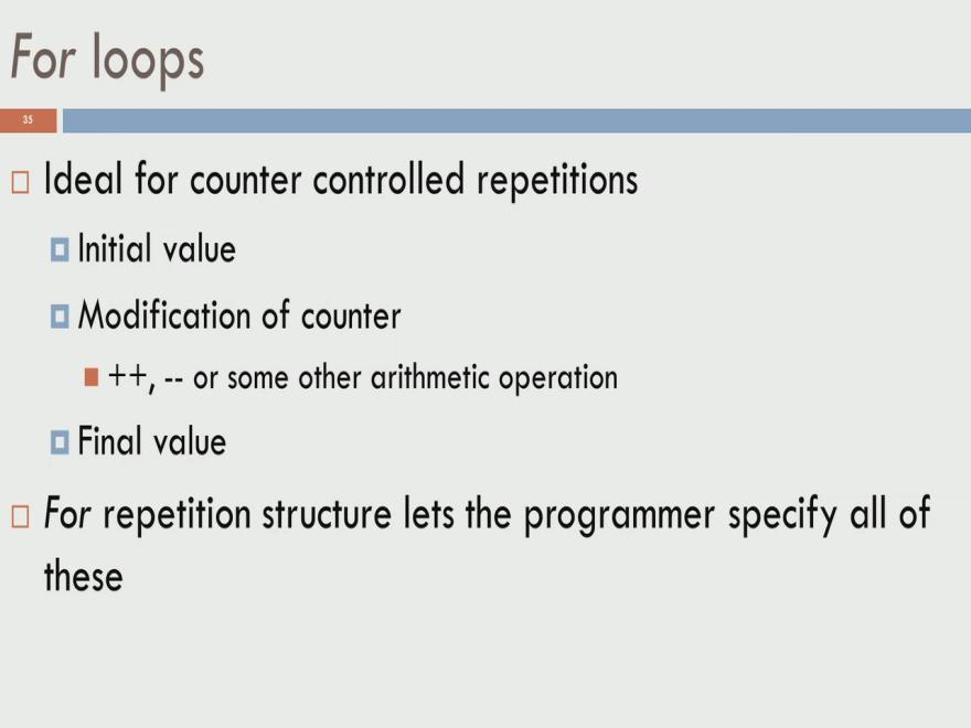 (Refer Slide Time: 01:57) So, let us start with the first one namely, the for loops. So, for loops is actually the For loop construct is a counter controlled repetition structure.