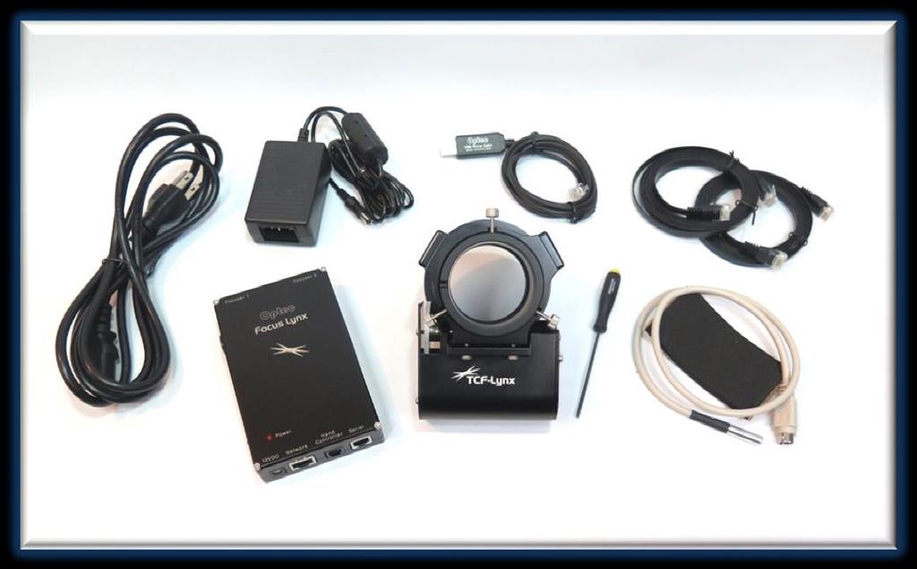 TCF-Lynx Package Contents Confirm the contents of your TCF-Lynx 2-inch focuser package with FocusLynx control hub, power supply, cables, and tools.