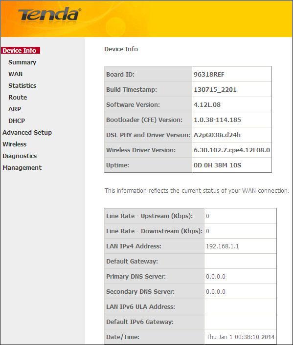 Summary WAN Statistics Route ARP DHCP Wireless Modem Router Summary Here you can view system information and current status of your WAN connection as seen in the