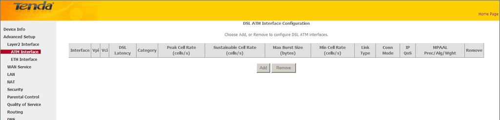 To set up the ATM interface Select ATM Interface and click Add to configure