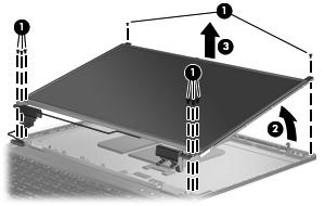 5. Remove the display panel assembly (3) from the display enclosure. 6. Position the display panel assembly upside-down. 7.