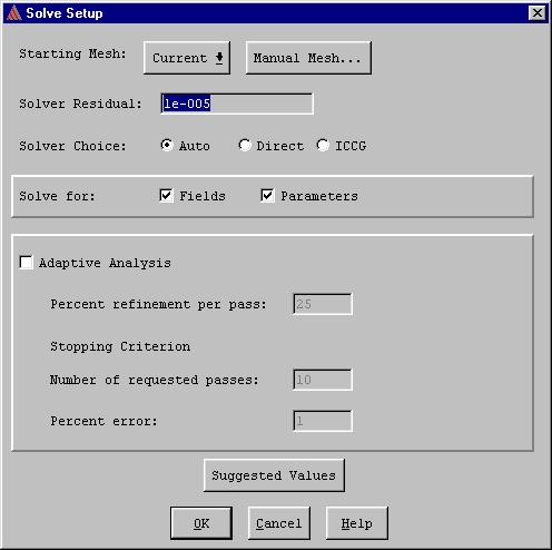 Access the Setup Solution Menu Maxwell 2D automatically assigns a set of default solution criteria after you assign boundaries and sources.