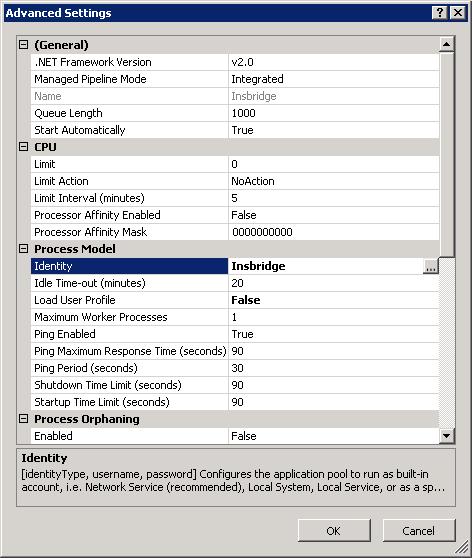 Step 2: Update Settings 1. Right click the Insbridge Application Pool you created and select Advanced Settings. Figure 18 Selecting Application Pool Properties 2.