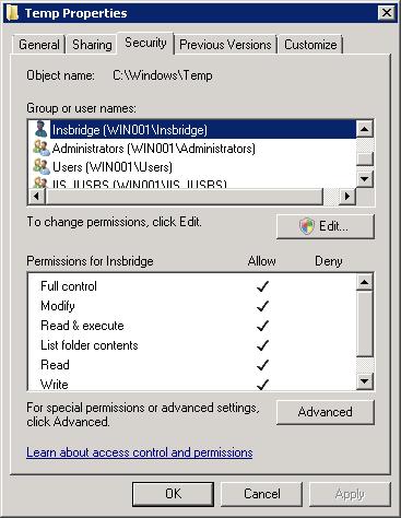 7. Update the permissions. The Insbridge user requires Full Control. Figure 22 Temp File Properties 8.
