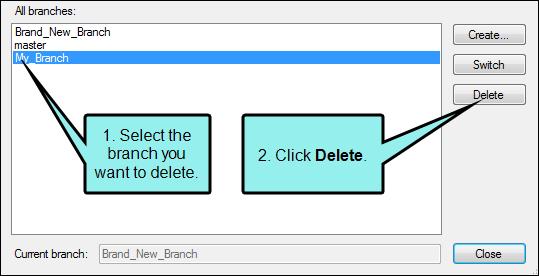 Deleting Branches If you no longer need a branch, you can delete it. This also deletes any commits on that branch. You can delete any branch except the current branch.