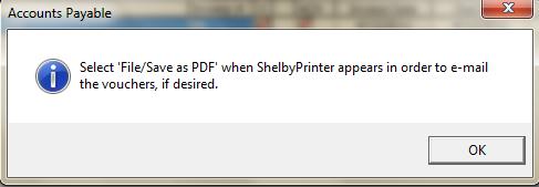 After the ACH report prints the vouchers are viewable on the next screen, create the file for email. From the top menu of the Print Screen select File > Save As > PDF.