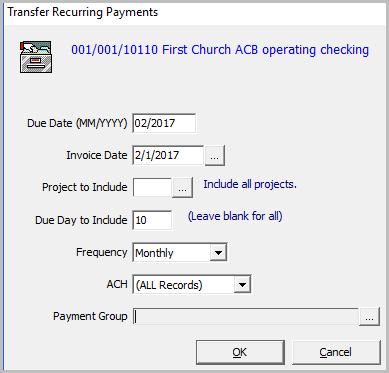 Transfer Recurring Payment(s) Follow the same steps as above except select Transfer Recurring Payments. Fill in the box that displays as needed and then click the OK button.