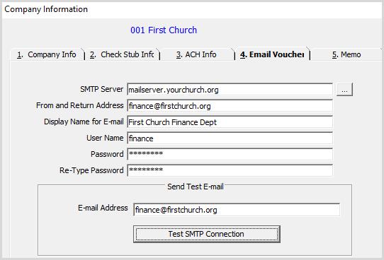 Email Vouchers Settings Set up SMTP information on the Email Vouchers tab to email Accounts Payable vouchers to vendors.
