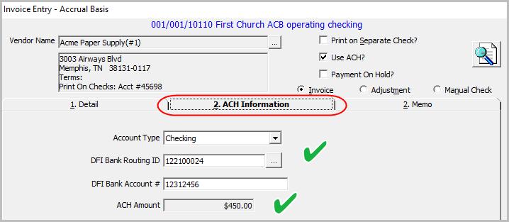 tab. You can pay a Vendor with ACH even if the vendor is not set up for ACH.