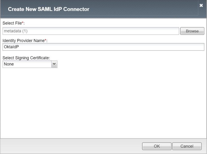 4. This will create an Okta IdP Connector and also import its signing certificate 5. Click Add New Row. Choose OktaIdP as the SAML IdP Connect, Matching Source as: %{session.server.
