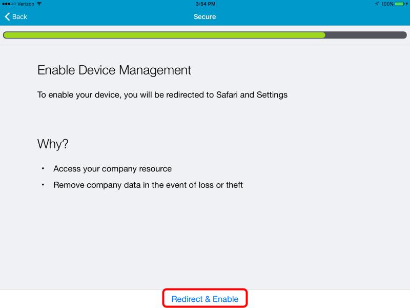 Redirect to Safari and Enable MDM Enrollment in Settings The AirWatch Agent will now redirect you to Safari and