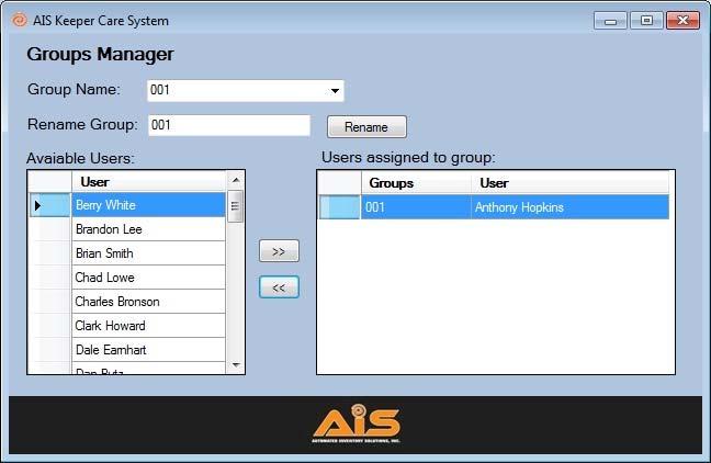 Keeper Care System Data Manager User Manual AIS 12 GROUP MANAGER Use the User Manager screen to configure user group. Group is used in Machine Bin Manager to manager bin permission.