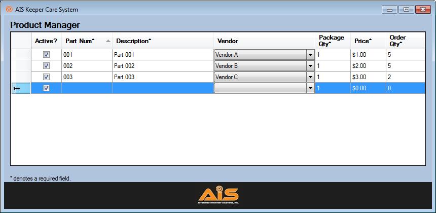Keeper Care System Data Manager User Manual AIS 14 PRODUCT MANAGER The Product Manager screen is for entering and updating the descriptions and prices of your Keeper machine inventory. 14.1 Add Products To add a new product, complete the following steps: 1.