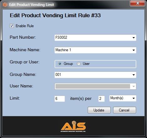 AIS Keeper Care System Data Manager User Manual 18.2 Edit Product Vending Limit rule To edit a Product Vending Limit rule, complete the following steps: 1.