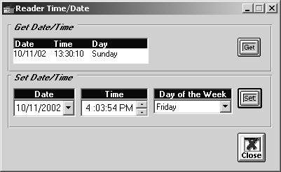 Set Time The Set Time command provides an easy way to get or set the date and time in the reader. To set the time, 1. From the Commands menu, choose Set Time. 2. The Set Time window will appear. 3.
