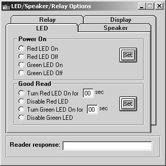 Set Led Options Some readers have programmable LEDs that function as follows: When the reader is powered on, You can program it to turn the red led on or the red led turned off.