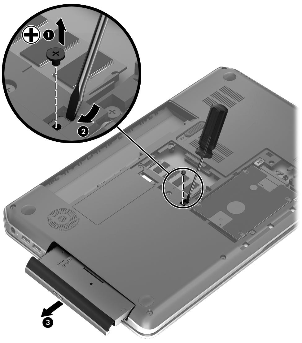 3. Remove the optical drive (3) from the computer. 4. If it is necessary to replace the optical drive bezel, use a thin tool or an unbent paper clip (1) to release the optical drive tray. 5.