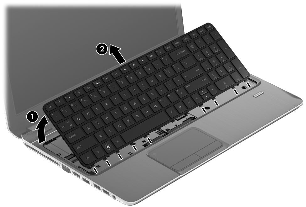 6. Lift the rear edge of the keyboard (1), and then swing the keyboard up and forward (2) until it rests at an angle. 7.