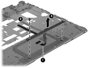4. Remove the TouchPad button board (3). Reverse this procedure to install the TouchPad button board.