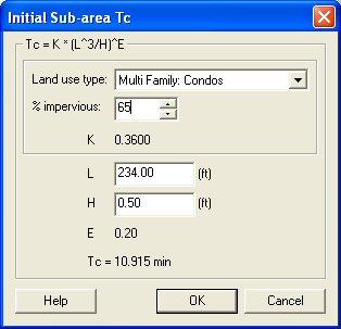 Figure 5-3: Initial Sub-area Tc dialog 4. Change Land use type to Multi Family: Condos 5.