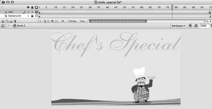 1 The graphics have already been set up for you in the file chefs_special.fla. Open this file. 2 Select the background layer and add a static frame (press F5) at frame 100.
