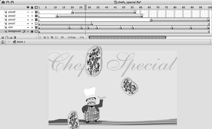4 Add a motion tween to the chef layer by selecting the first keyframe of that layer and choosing Motion from the Properties window s Tween menu.