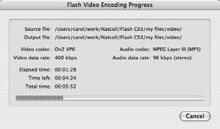 8 Click Finish. Flash will encode the video (this may take some time see right) and then import the video onto the Stage. Although this process is quite straightforward, what Flash produces is not.