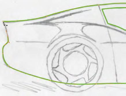Continue drawing the rest of the car shape by clicking and dragging to place anchor points with handles. For the bottom edge, simply extend the bottom-edge line over the wheel shapes. 15.