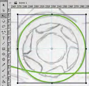 7. Click at the intersection of the two guides, hold down the mouse button, press Option/Alt-Shift, and drag until the shape approximately matches the outer circle of the sketched wheel.