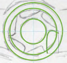 4. Click and drag to create one of the inset shapes on the wheel. Make sure you overlap the line ends with the second circle, as shown in the following image.