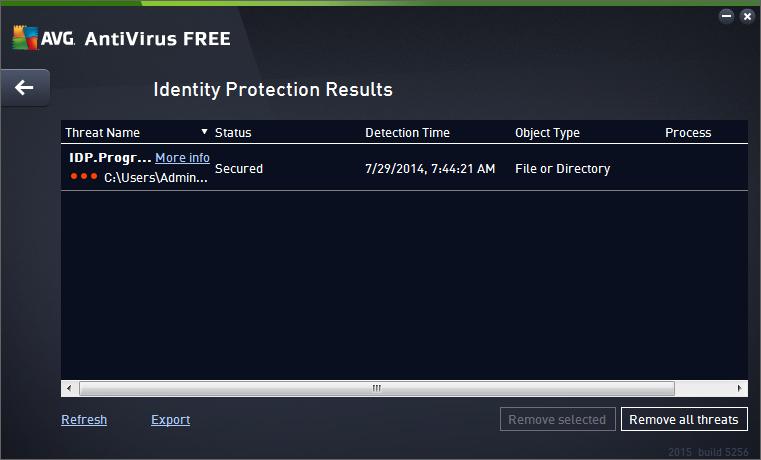 13.3. Identity Protection Results The Identity Protection Results dialog is accessible via the Options / History / Identity Protection Results menu item in the upper line navigation of the AVG
