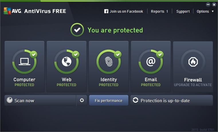 5. AVG User Interface AVG AntiVirus Free Edition 2015 opens with the main window: The main window is divided into several sections: Upper line navigation consists of four active links lined up in the