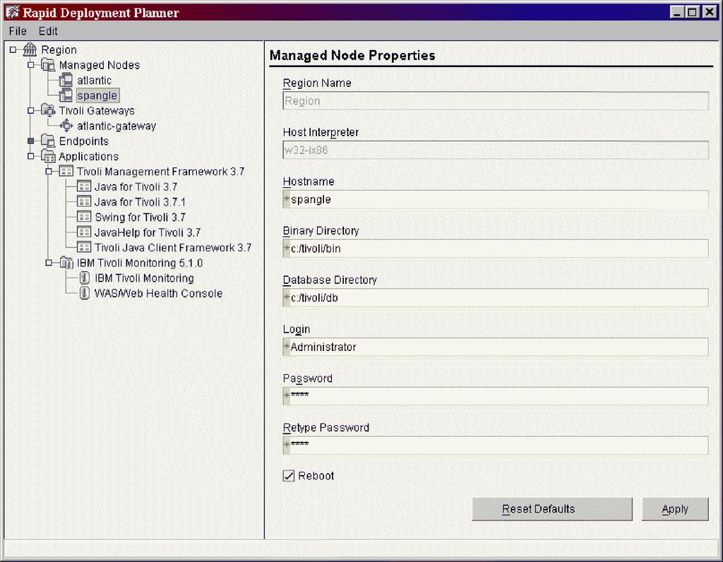 Figure 11. Custom Installation: Setting managed node properties in the Planner d. (Optional) Modify the default settings in the Managed Node Properties iew.