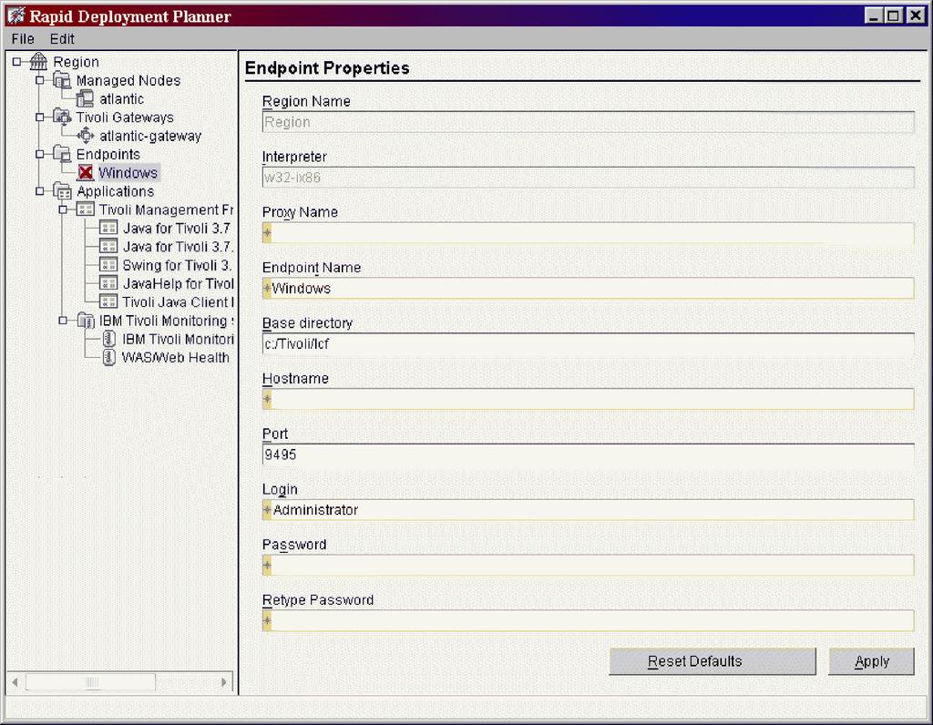 Figure 15. Custom Installation: Setting endpoint properties in the Planner A red letter X is displayed on the icon of the endpoint you created.