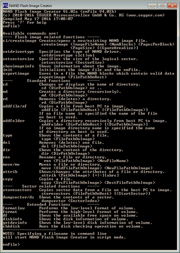12 CHAPTER 2 The NAND Image Creator 2.1 Interface of the NAND Image Creator The interface of the NAND Image Creator is used like any other command line based program.
