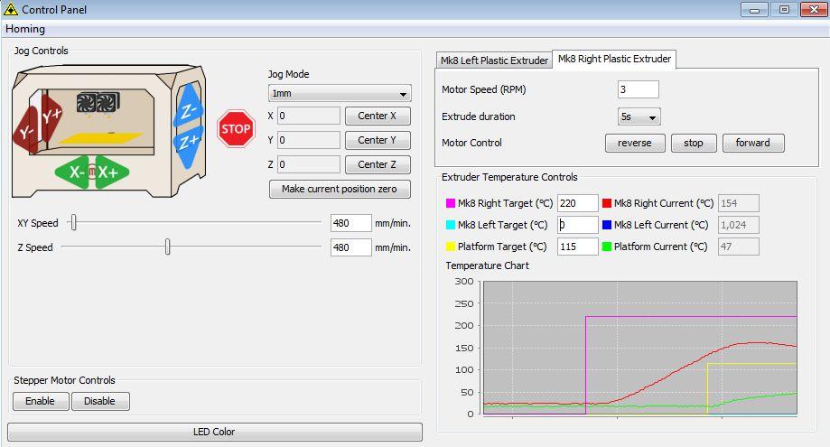 To heat the right extruder and feed material, click the right extruder on the upper right corner of the control panel and manually modify the temperature in the Right Target setting for the extruder